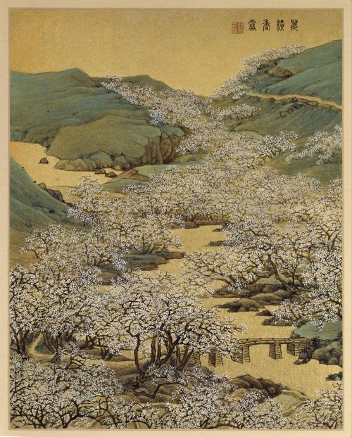 Painting of a Chinese landscape with blooming trees