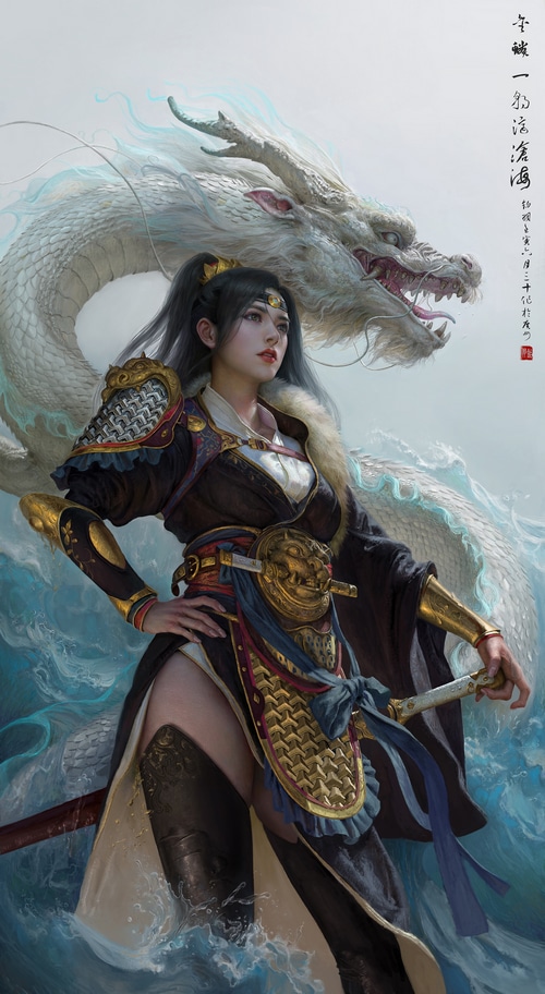 Fantasy girl with Chinese dragon and sword