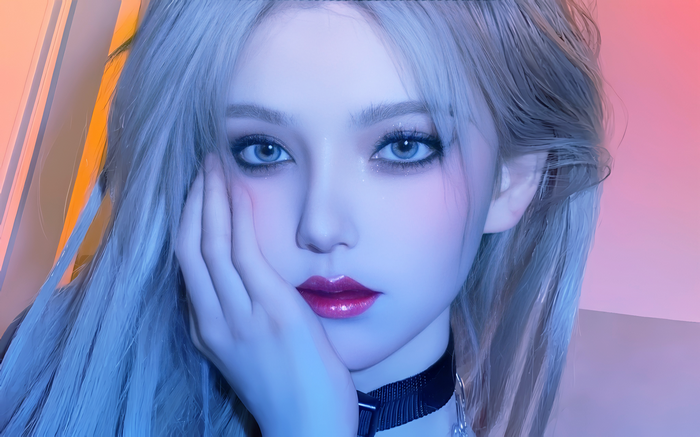 4K Asian woman with blue eyes and blonde hair