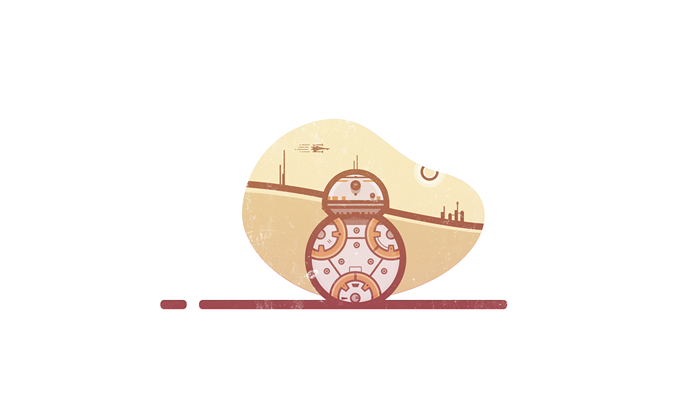 BB-8 on a desert planet with a spacecraft