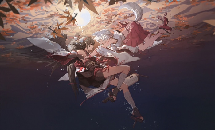 Two anime girls with fox ears and tails underwater