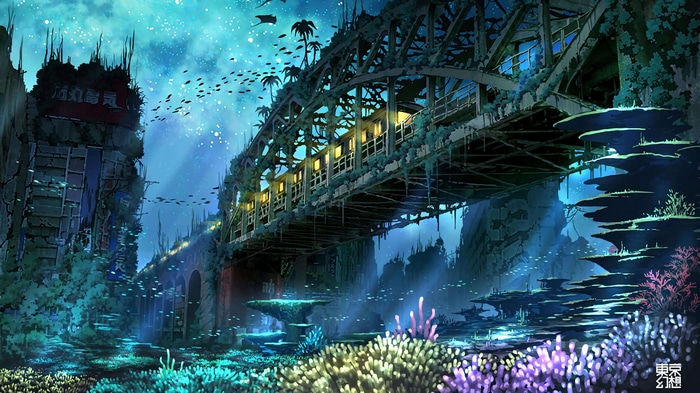 4K underwater city with bridge and train