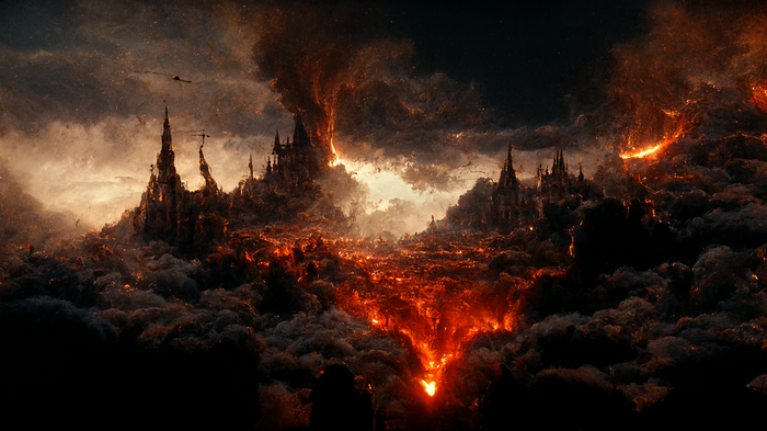 Mordor landscape with lava and dark fantasy castles