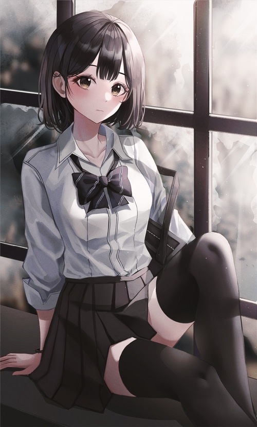 Anime girl in school uniform sitting by window