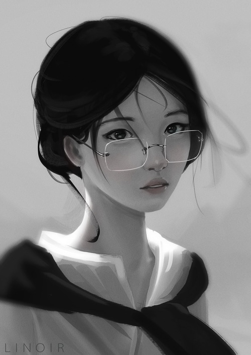 Monochrome painting of a girl with glasses by Linoir Art
