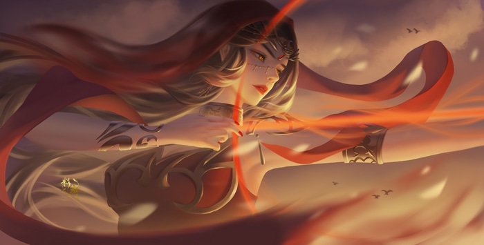 Archer with flowing red scarf and bow