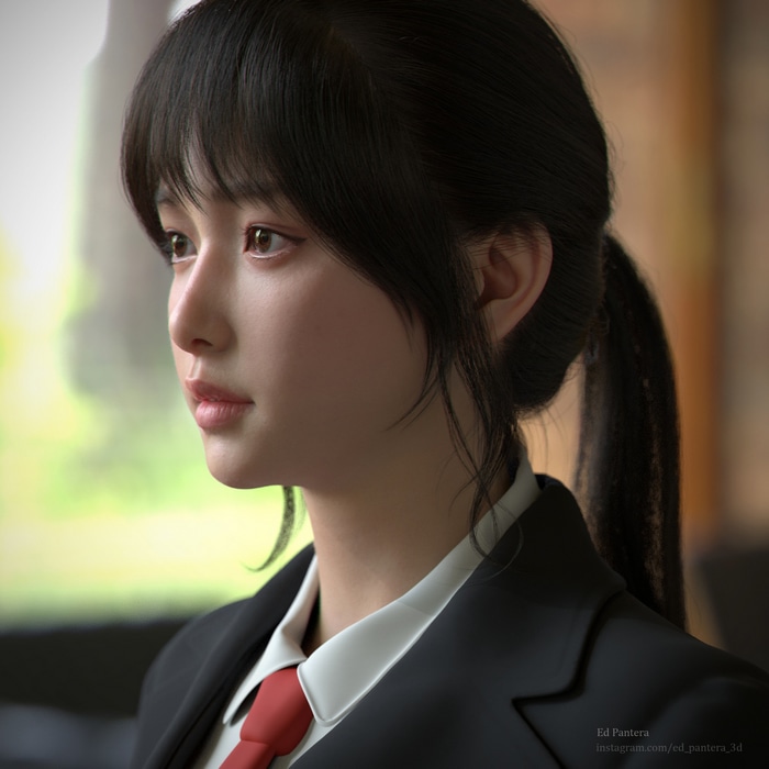 Asian woman in a suit looking to the side