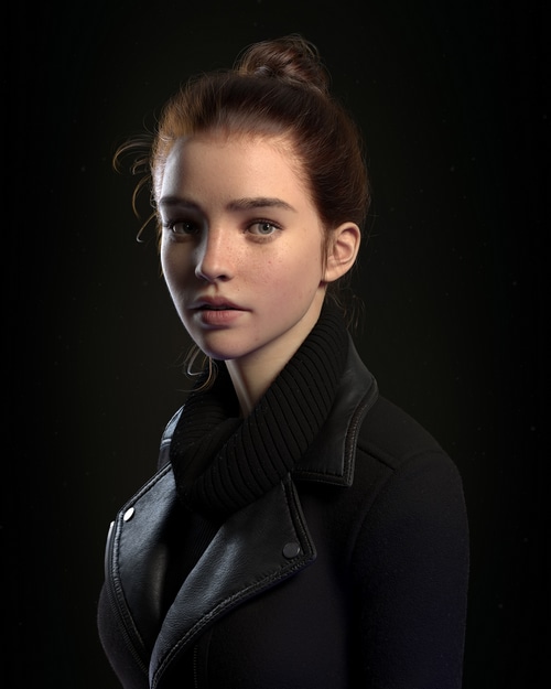 Young woman with auburn hair in a black jacket