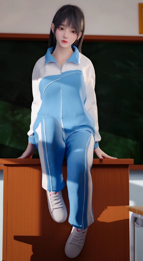Asian girl in school uniform sitting on a desk