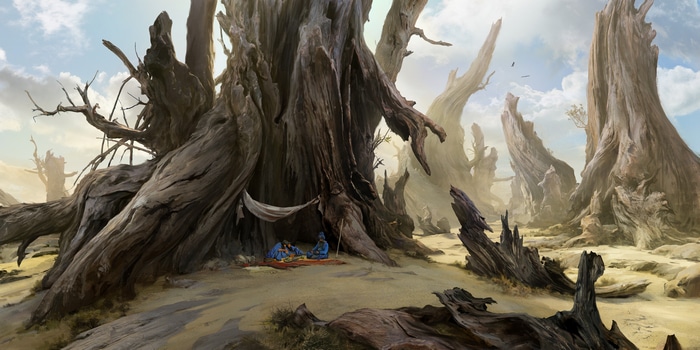 4K fantasy art of dead trees and a picnic