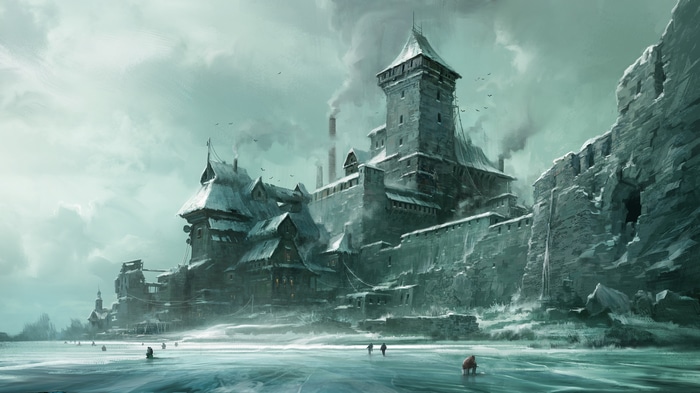 Fantasy art of a frozen fortress with people ice fishing