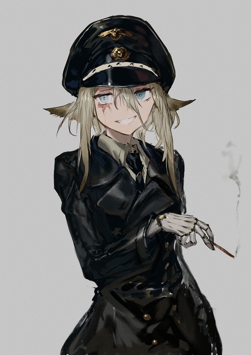 Anime girl in German military uniform smoking
