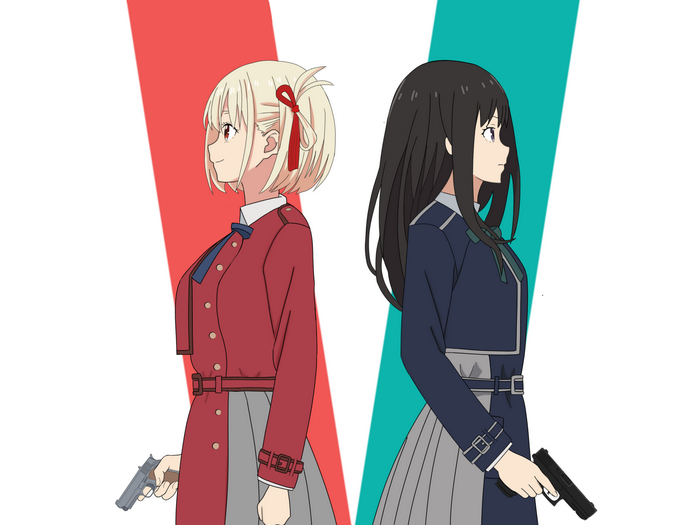 Nishikigi Chisato and Inoue Takina with guns