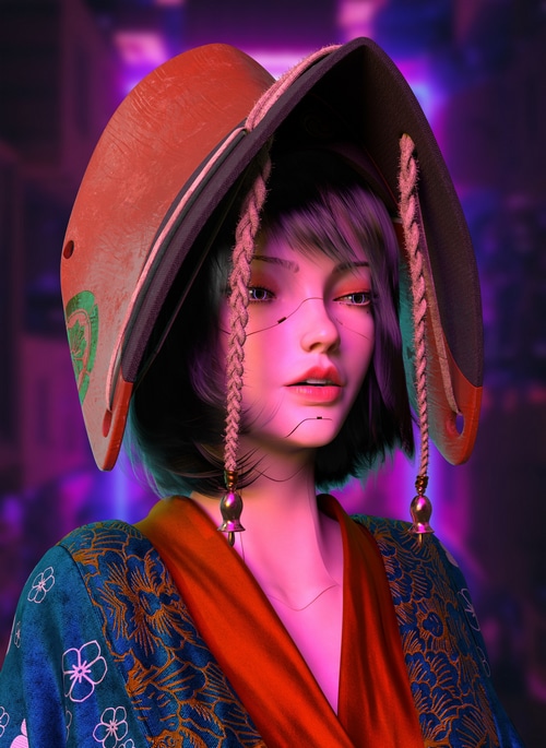 CGI fantasy art of a girl in a futuristic kimono