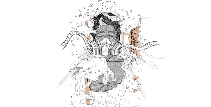 Person wearing a gas mask with tubes