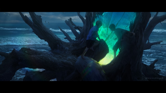 Two boys explore a glowing portal in a driftwood tree on the beach