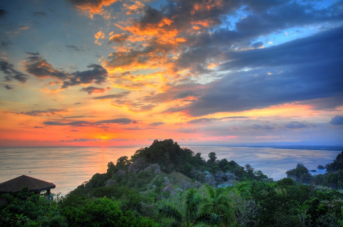 Sunset over the ocean with trees and clouds