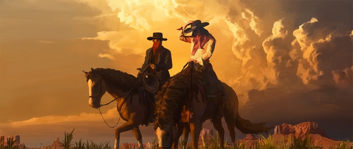 Cowboys and Cowgirl on Horses in Western Landscape
