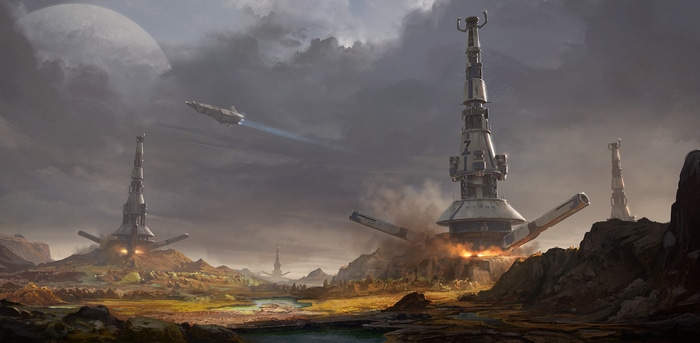 4K Science Fiction Landscape with Spaceships and Towers