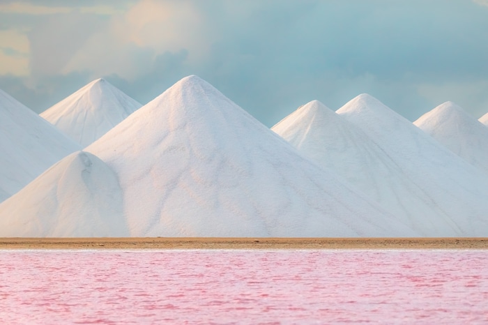 Salt mountains and pink water in Bonaire