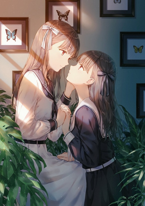 Anime girls in school uniforms holding hands