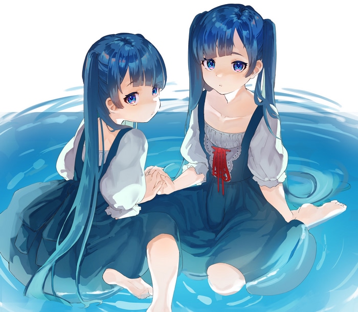 Two anime girls with blue hair sitting in water