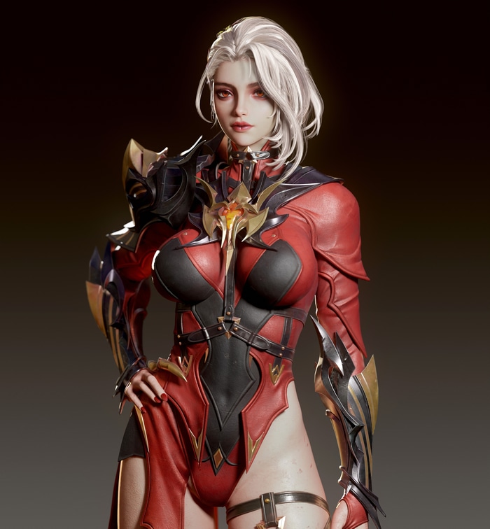 4K Fantasy Girl in Red and Black Bodysuit