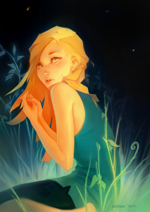 Woman in green dress among plants at night