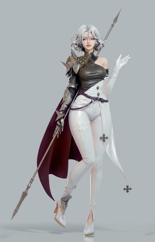 Fantasy girl with silver hair holding a lance