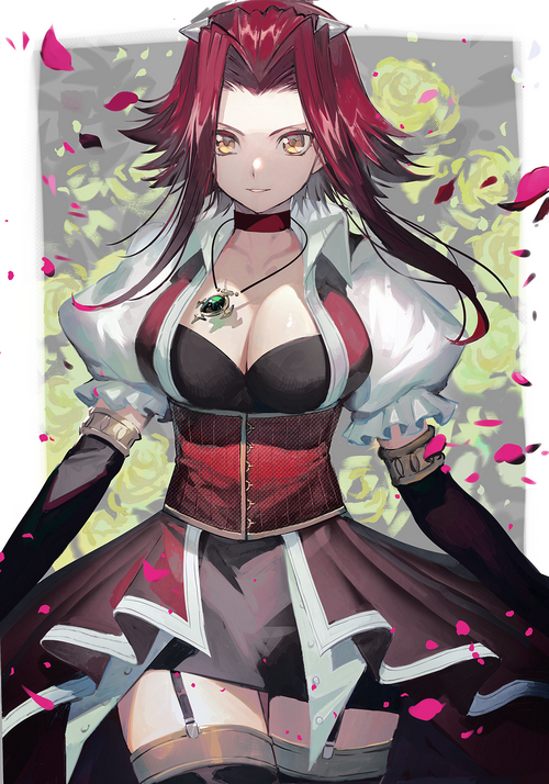 Izayoi Aki from Yu-Gi-Oh! 5Ds with red hair and yellow eyes