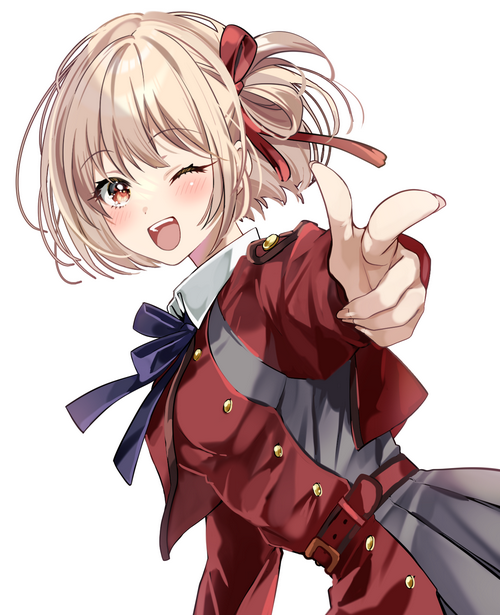 Nishikigi Chisato from Lycoris Recoil doing a finger gun