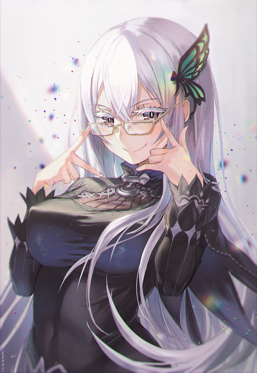 Echidna from Re:Zero wearing glasses and a butterfly hair clip
