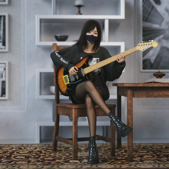 Girl with guitar wearing a mask
