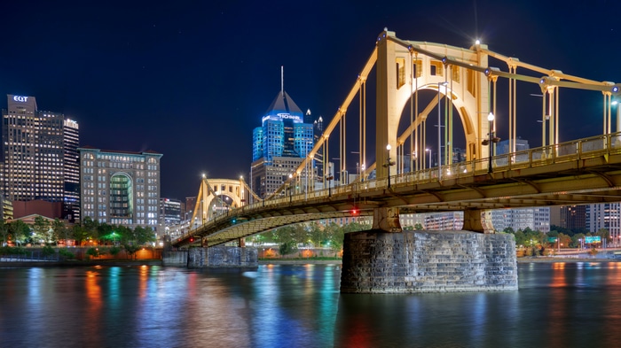 Pittsburgh bridge and cityscape at night