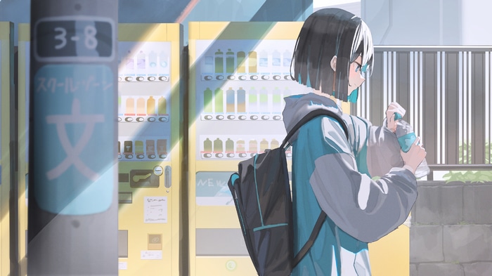 Girl with backpack by vending machines
