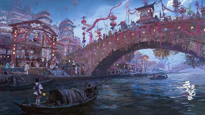 Fantasy bridge with boats and lanterns