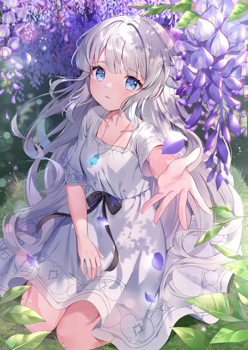 Girl with silver hair sitting under wisteria flowers