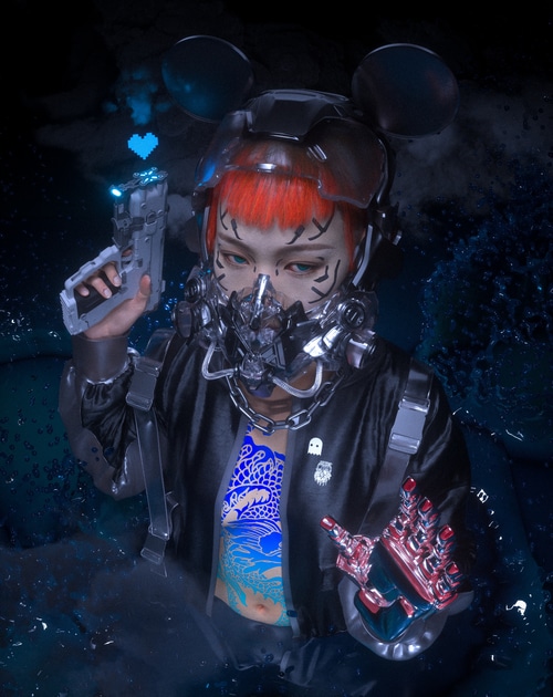 Cyberpunk girl with mouse ears and gas mask holding gun