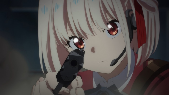 solo, Anime screenshot, at gunpoint, gun, Nishikigi Chisato, blonde ...