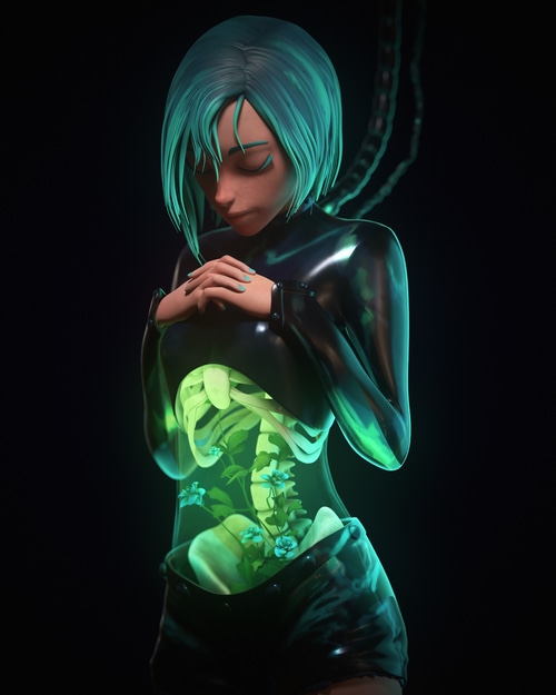 Woman with glowing skeleton and flowers inside