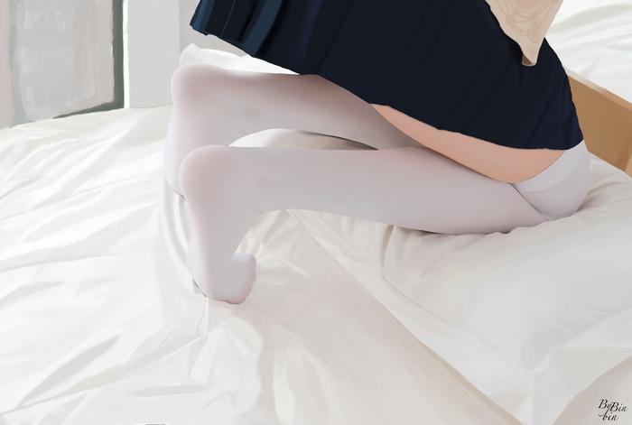 Fantasy girl in white stockings on a bed