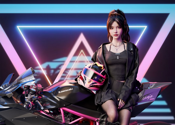 Girl with Kawasaki motorcycle and helmet