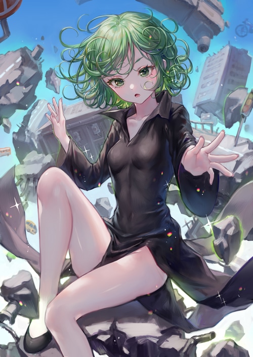 Tatsumaki from One-Punch Man in a destroyed city