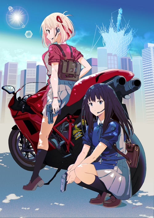 Lycoris Recoil: Chisato and Takina with a Motorcycle