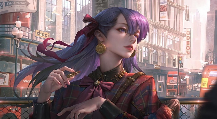 Woman with purple hair applying lipstick in London