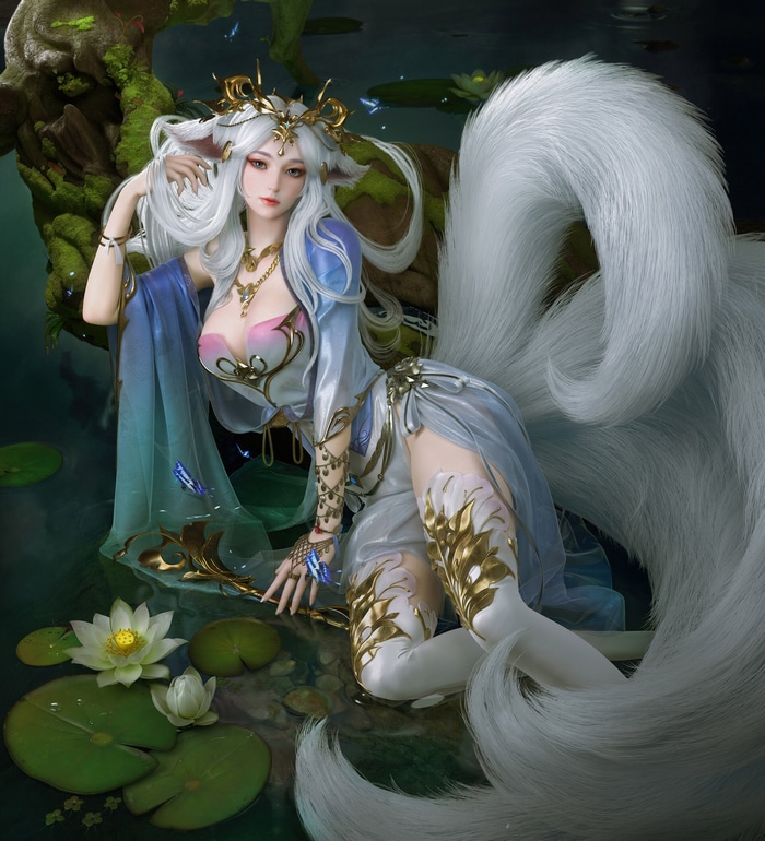 Fox girl with multiple tails by water lilies