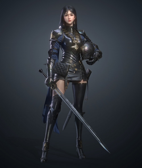 Fantasy girl in armor holding a sword and helmet