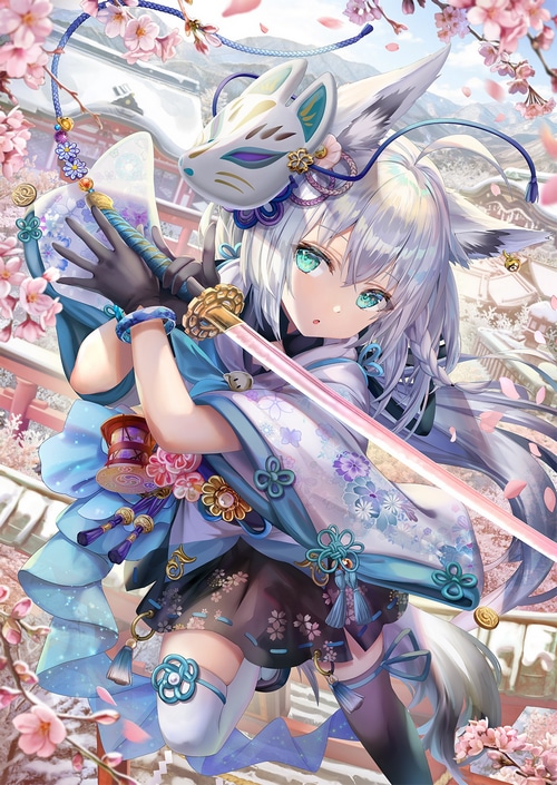 Fox girl with katana and fox mask among cherry blossoms