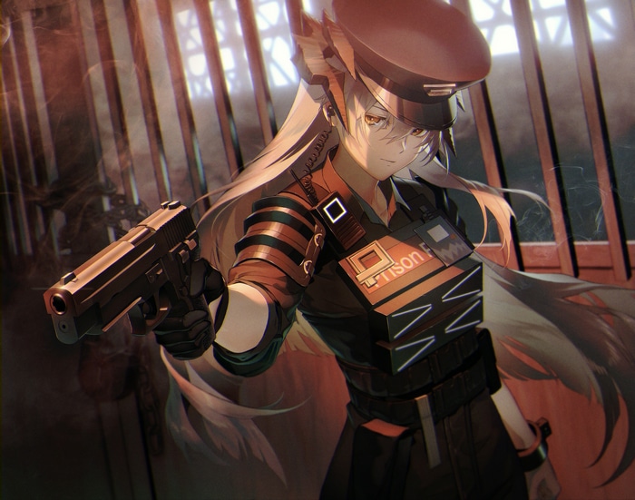Arknights character with gun and military hat