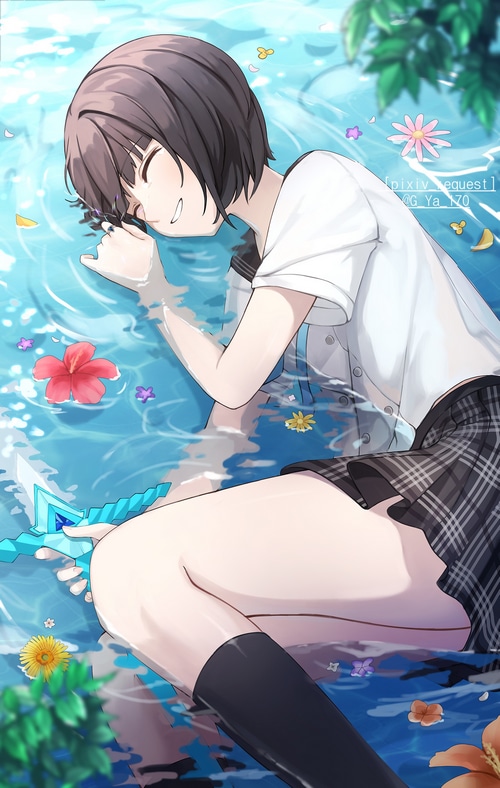 Girl in school uniform in water with flowers